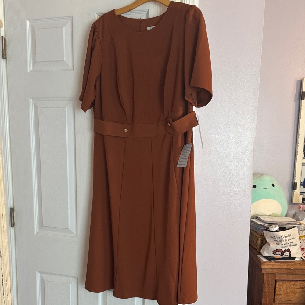 London Times Rust Brown Belted Midi Dress